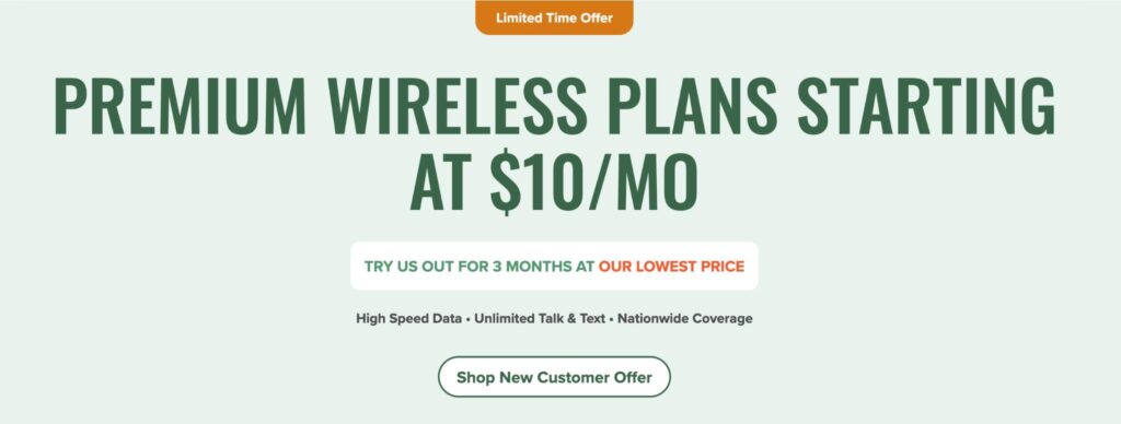 Mint Mobile premium wireless plans starting at 10 dollars per month promotion